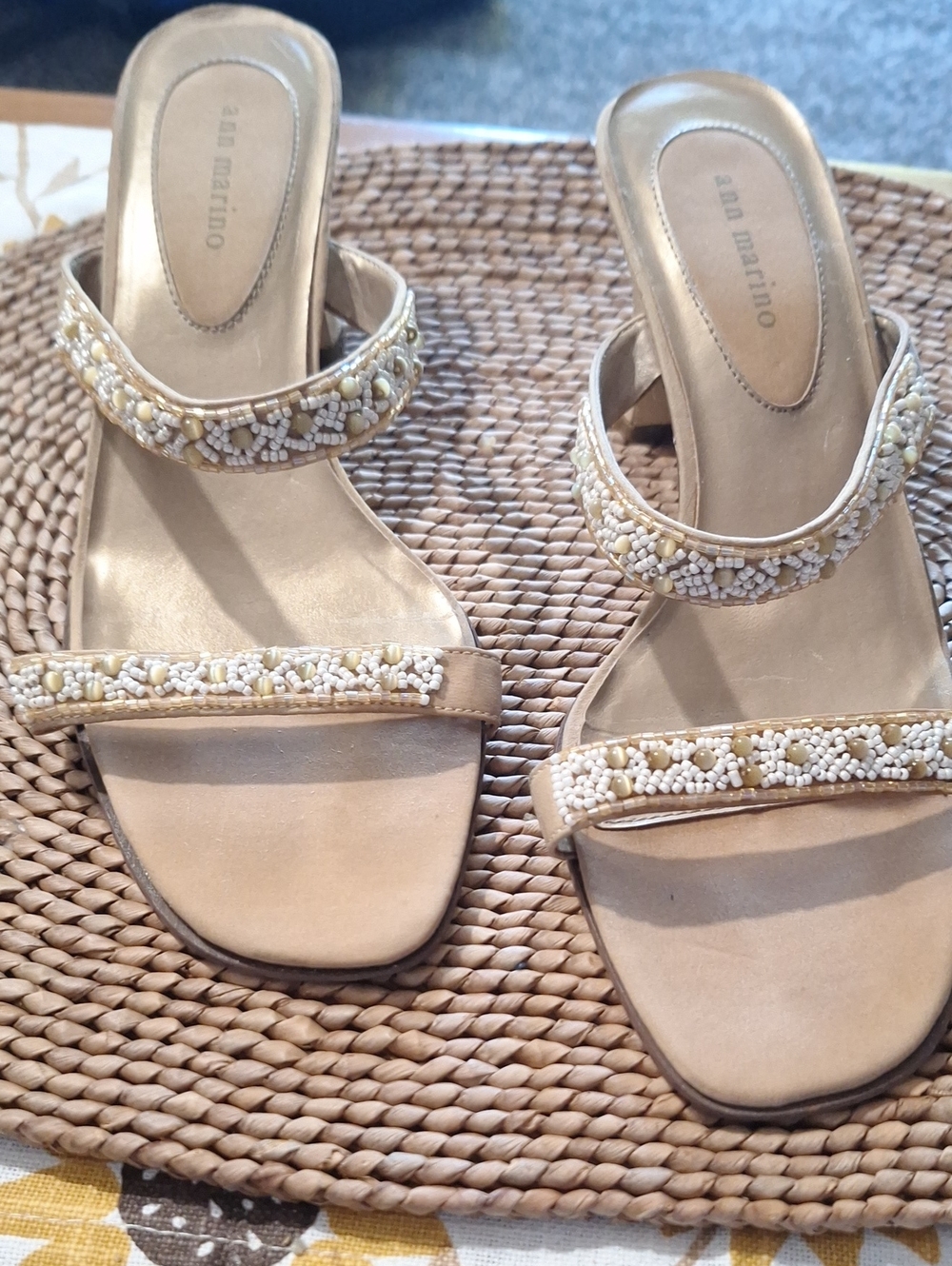 Ann Marino Beige Beaded Double-Strap Mules